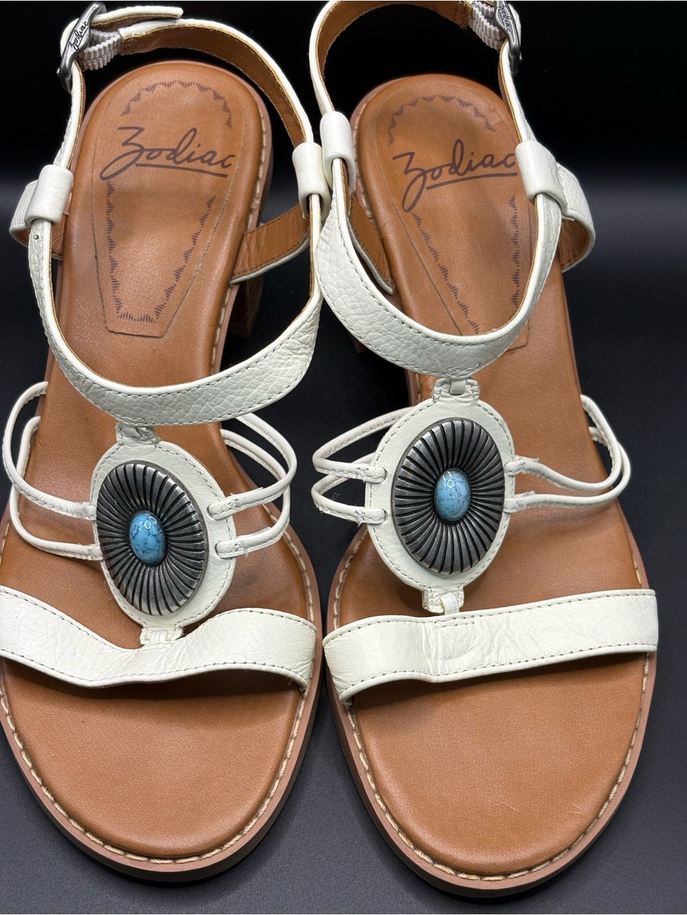 Zodiac White Leather Sandal with Turquoise Accent